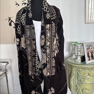 Johnny Was Black and Cream Floral Kimono Coat
